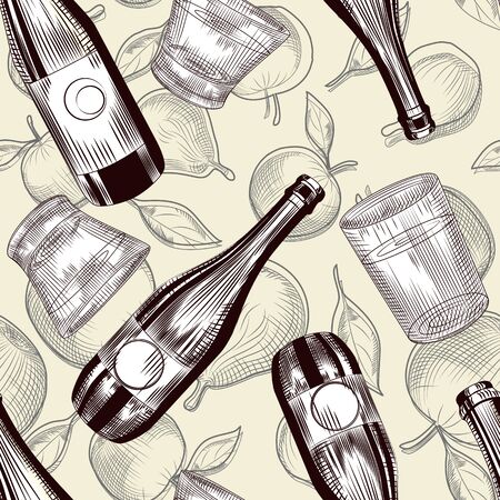 Fruit beer bottles and cup seamless pattern. Cider alcohol wallpaper. Restaurant and bar menu concept. Vintage engraved style. Rerto vector illustration.のイラスト素材