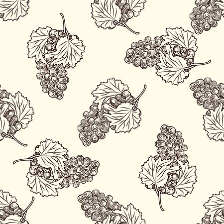 Hand drawn grapes seamless pattern. Bunch of grapes on light background. Fresh fruit monochrome sketch. Engraving vintage style backdrop. Design for wrapping paper, textile print. Vector illustrationのイラスト素材
