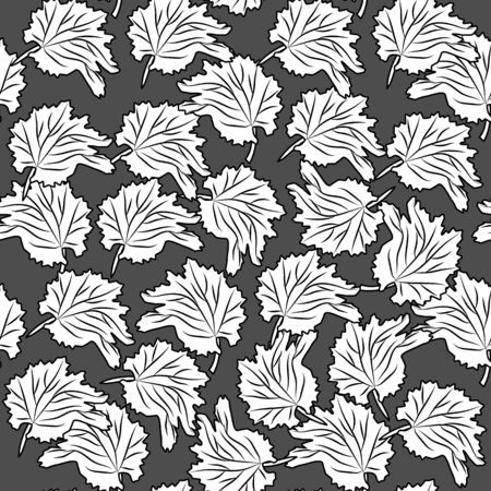 Hand drawn leaf seamless pattern on black background. Monochrome leaves vintage engraved style. Engraving style backdrop. Design for wrapping paper, textile print. Vector illustrationのイラスト素材
