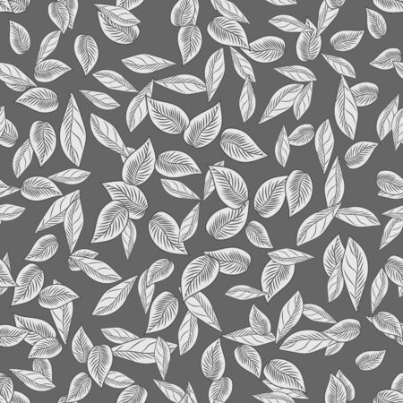 Simple leaf seamless pattern on black background. Abstract foliage wallpaper. Monochrome leaves vintage engraved style. Vector illustrationのイラスト素材