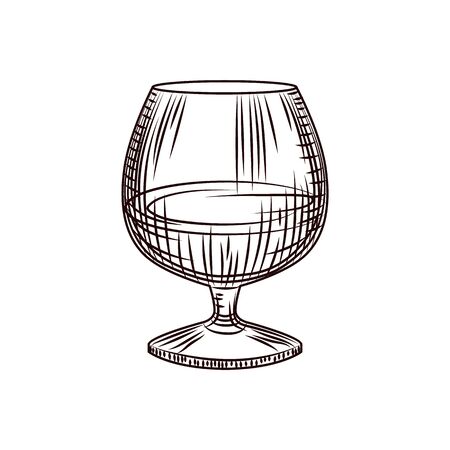 Glass of brandy or cognac sketch isolated on white background. Hand drawn snifter glass. Engraving style. For menu, cards, posters, prints, packaging. Vector illustrationのイラスト素材