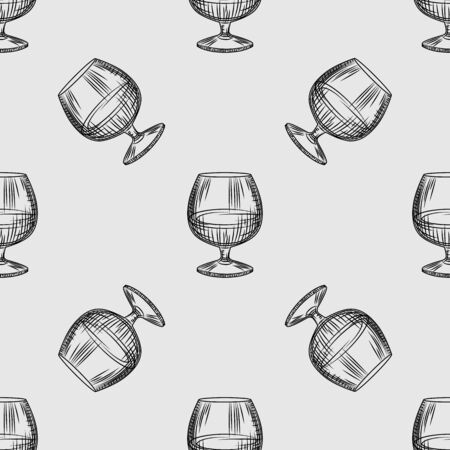 Hand drawn snifter glass seamless pattern. Glass of brandy or cognac wallpaper. Engraving vintage style backdrop. Design for wrapping paper, textile print. Vector illustrationのイラスト素材