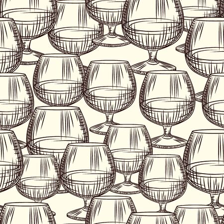 Hand drawn snifter glass seamless pattern. Glass of brandy or cognac sketch wallpaper. Engraving vintage style backdrop. Design for wrapping paper, textile print. Vector illustrationのイラスト素材