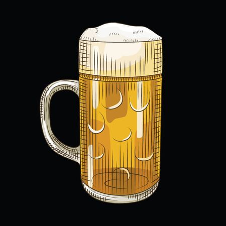 Glass of light beer isolated vector vintage illustration. Full beer mug in hand drawn style on black background. Engraving style. For pub menu, cards, posters, prints, packaging.のイラスト素材