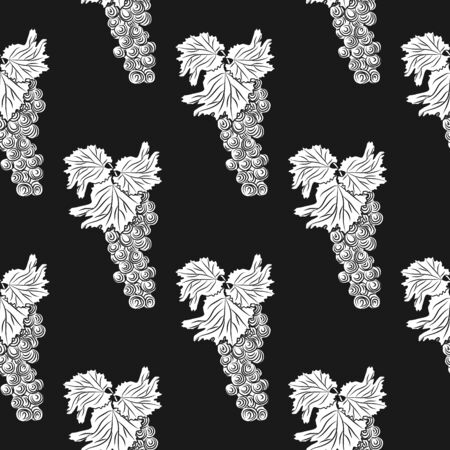 Bunch of grapes on black background. Hand drawn grapes seamless pattern. Fresh fruit monochrome sketch. Design for wrapping paper, textile print. Engraving vintage style backdrop. Vector illustrationのイラスト素材