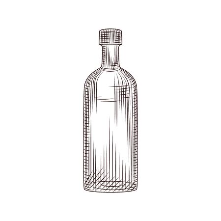Hand drawn alcohol glass bottle sketch isolated on white background. Vintage vodka glass bottle. Engraving style. For menu, cards, posters, prints, packaging. Vector illustrationのイラスト素材