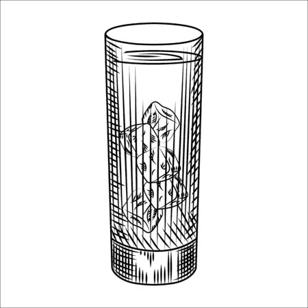 Highball glass of ice water. Glass of lemonade and ice cubes. Engraving style vector illustration. For bar menu, cards, posters, prints, packaging.のイラスト素材