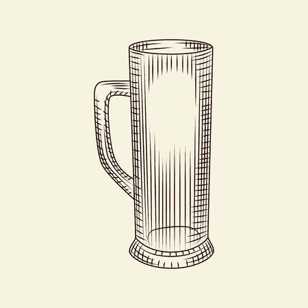 Empty beer mug in hand drawn style isolated on light background. Glass of beer vector vintage illustration. Engraving style. For menu, cards, posters, prints, packaging.のイラスト素材