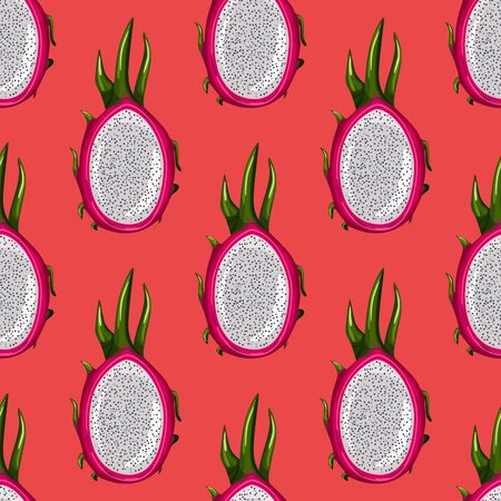 Geometric seamless pattern with half red dragon fruit on bright background. Exotic tropical pitayas wallpaper. Design for wrapping paper, textile print, fabric. Vector illustrationのイラスト素材