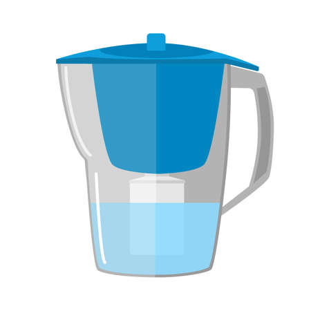 Plastic water filter purification pitcher with replacement cartridge on white background. Jug to clear aqua isolated in style flat vector illustration.のイラスト素材