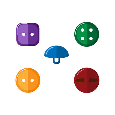 Set sewing buttons on white background. Sew buttons for closure clothes round, square, with a loop. Various colors red, blue, yellow, purple, green in flat style vector illustration.のイラスト素材