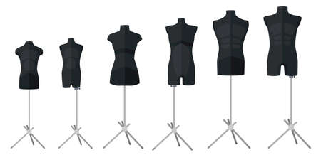 Set tailor mannequins black color on white background. Mannequins form body women, men and children. Silhouette people in style flat vector illustration.のイラスト素材