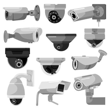Set CCTV camera on white backdrop. Equipment surveillance for protection, safety and watching, vector illustration. Security camera in style flat design.のイラスト素材