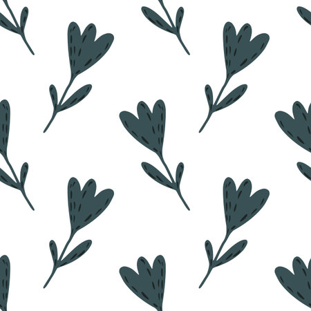 Isolated seamless doodle pattern with navy blue colore flower silhouettes. White background. Vector...