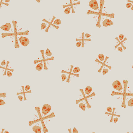 Random seamless doodle pattern with orange skulls and bones simple print. Grey light background....