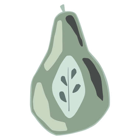 Half green pear with twig isolated on white background. Pear with seeds hand drawn in doodle style vector illustration.のイラスト素材