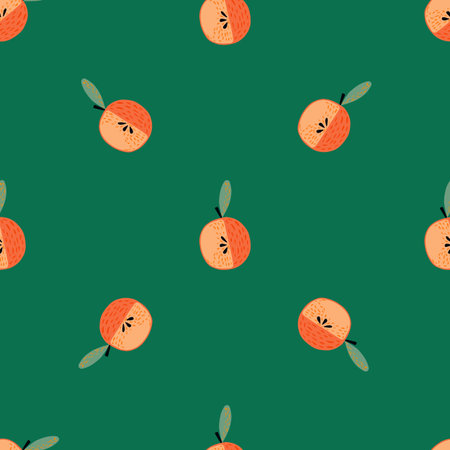 Vegetarian seamless doodle pattern with apples. Minimalistic ornament on green background. Stock...