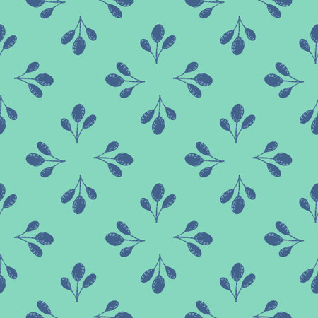 Abstract seamless doodle pattern with scandinavian blue leaf ornament. Turquoise bright background....