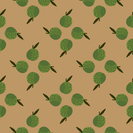 Green apple shapes seamless hand drawn pattern. Beige background. Organic fruit print in fall colors. Flat vector print for textile, fabric, giftwrap, wallpapers. Endless illustration.のイラスト素材