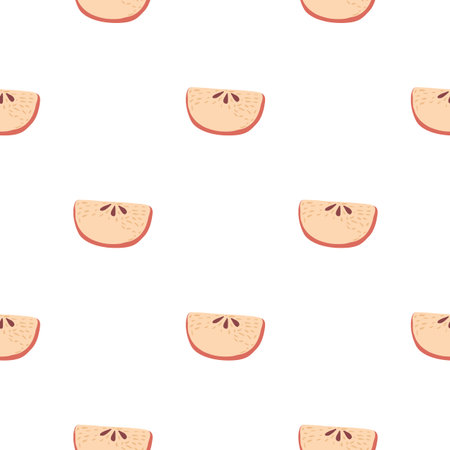 Isolated seamless pattern with doodle apple slices ornament. Pink colored food print on white...
