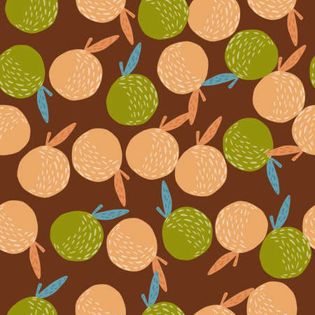 Seamless random patten with decorative apple ornament. Green and orange fruits on brown background. Flat vector print for textile, fabric, giftwrap, wallpapers. Endless illustration.のイラスト素材