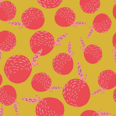 Seamless doodle pattern with nature healthy apple pink silhouettes. Abstract fruit print on yellow background. Flat vector print for textile, fabric, giftwrap, wallpapers. Endless illustration.のイラスト素材