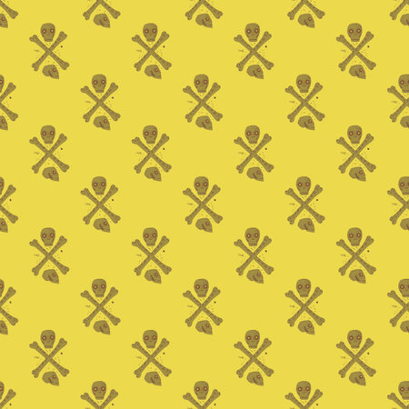 Abstract seamless scary pattern with little skulls and bones shapes. Yellow background. Piracy...