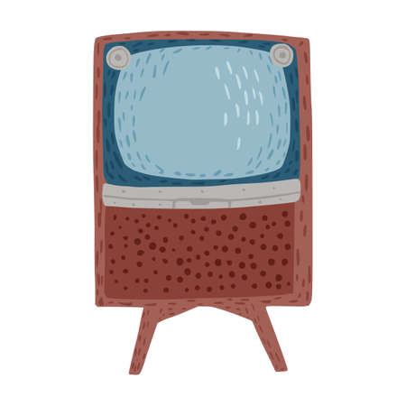 Tall retro tv isolated on white background. Vintage tv blue and brown color hand drawn in style doodle vector illustration.のイラスト素材