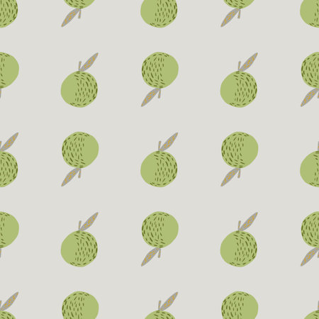 Green healthy vitamin apple ornament seamless pattern. Doodle simple print with light blue...