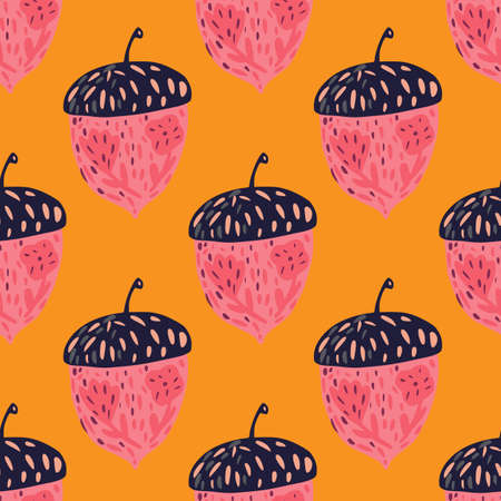 Bright contrast seamless pattern with pink and purple colored acorns. Orange background. Flat vector print for textile, fabric, giftwrap, wallpapers. Endless illustration.のイラスト素材