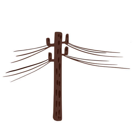 Electric pole isolated on white background. Electric pole brown color in doodle vector illustration.のイラスト素材