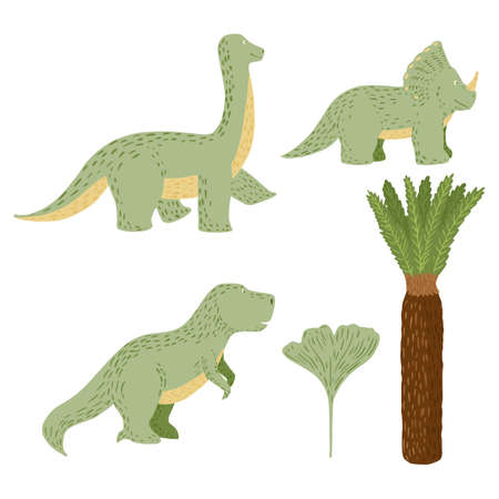 Set cute dinosaurs on white background. Fantasy animals jurassic tyrannosaurus, triceratops, brachiosaurus, palm and ginkgo in doodle vector illustration.のイラスト素材