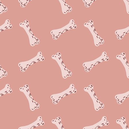 Flat bones seamless pattern. Dog toys white hand drawn ornament on pink light background. Vector...