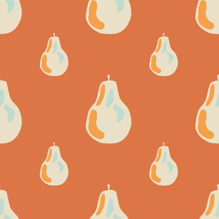 Simple abstract pears seamless doodle pattern. Natural food artwork with orange background. Graphic design for wrapping paper and fabric textures. Vector Illustration.のイラスト素材