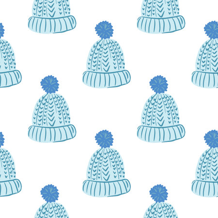 Isolated seamless pattern with blue doodle cozy hat ornament. White background. Flat vector print for textile, fabric, giftwrap, wallpapers. Endless illustration.のイラスト素材