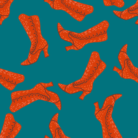 Contrast fashion bright seamless pattern with red women boots. Turquoise background. Vector illustration for seasonal textile prints, fabric, banners, backdrops and wallpapers.のイラスト素材