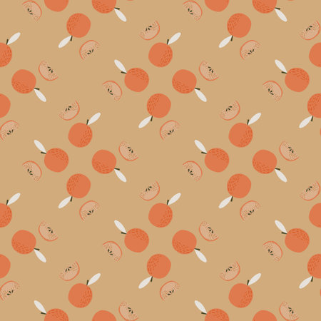 Hand drawn apple silhouettes seamless pattern. Red colored fruit elements on beige background. Vector illustration for seasonal textile prints, fabric, banners, backdrops and wallpapers.のイラスト素材