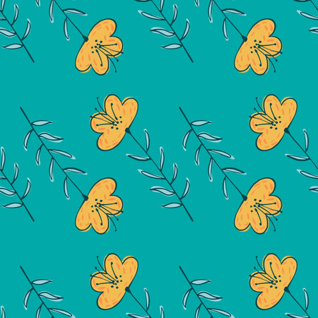 Decorative bright summer seamless flower pattern. Yellow floral ornament on blue background. Stock...