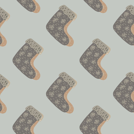 Pale tones seamless pattern with grey winter shoes ornament. Boots with snowflakes on pastel background. Stock illustration. Vector design for textile, fabric, giftwrap, wallpapers.のイラスト素材