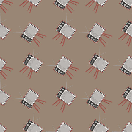 Beige and grey colored seamless pattern with vintage tv elements. Media retro backdrop. Vector illustration for seasonal textile prints, fabric, banners, backdrops and wallpapers.のイラスト素材