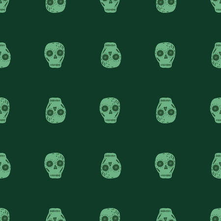 Mexican seamless scary pattern with skull ornament. green tones backdrop. Day of death holiday print. Vector illustration for seasonal textile prints, fabric, banners, backdrops and wallpapers.のイラスト素材