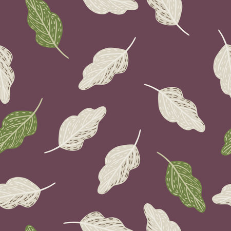 Random seamless hand drawn pattern with green and light colored oak leaves. Purple background. Stock illustration. Vector design for textile, fabric, giftwrap, wallpapers.のイラスト素材