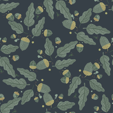 Dark autumn seamless pattern with hand drawn oak tree leaves and acorns shapes. Navy blue background. Flat vector print for textile, fabric, giftwrap, wallpapers. Endless illustration.のイラスト素材