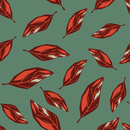 Autumn seamless nature pattern with falling foliage print. Maroon leaves on pale green background. Flat vector print for textile, fabric, giftwrap, wallpapers. Endless illustration.のイラスト素材