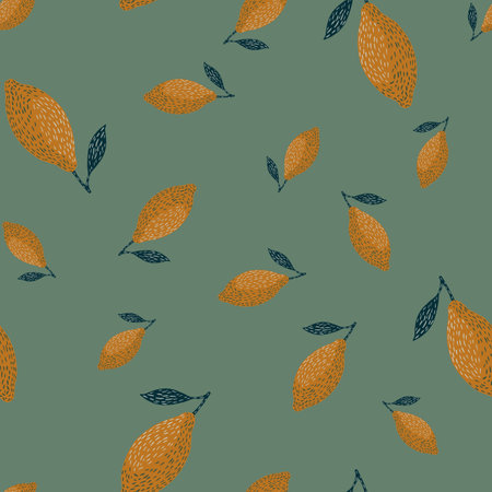 Random lemon silhouettes seamless hand drawn pattern. Orange fruits on pale green background. Stock illustration. Vector design for textile, fabric, giftwrap, wallpapers.のイラスト素材