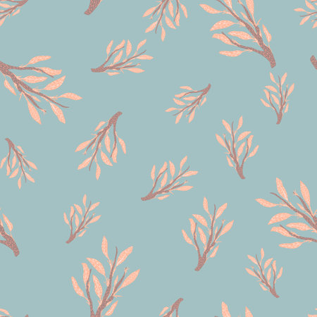 Botanic abstract seamless doodle pattern with pink branches on blue background. Flat vector print for textile, fabric, giftwrap, wallpapers. Endless illustration.のイラスト素材