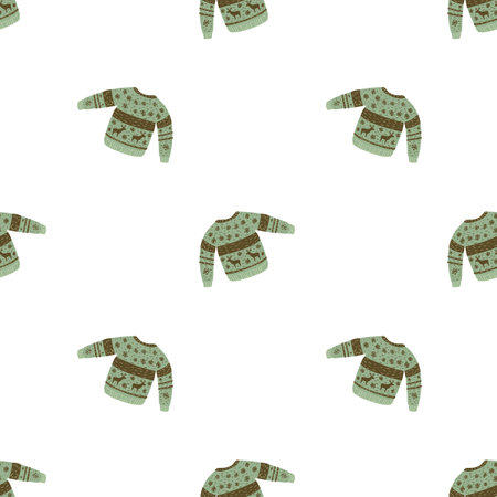 Isolated seamless doodle pattern with wool green sweater silhouettes. White background. Flat vector print for textile, fabric, giftwrap, wallpapers. Endless illustration.のイラスト素材