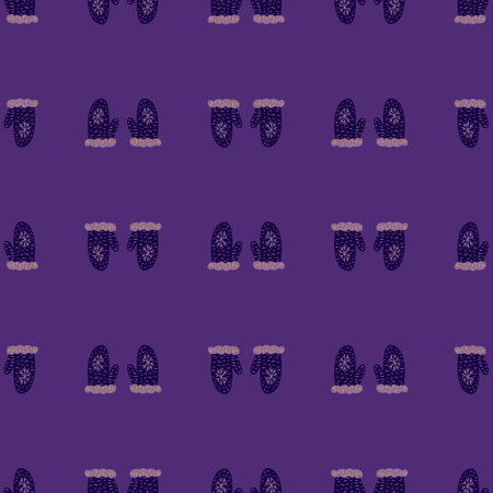 December seamless pattern with hand drawn mittens ornament. Purple colored cozy warm artwork. Stock illustration. Vector design for textile, fabric, giftwrap, wallpapers.のイラスト素材