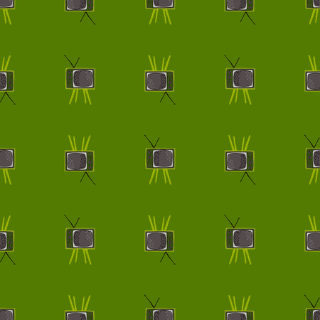 Grey tv set ornament seamless movie pattern. Social technology backdrop with green background. Vector illustration for seasonal textile prints, fabric, banners, backdrops and wallpapers.のイラスト素材