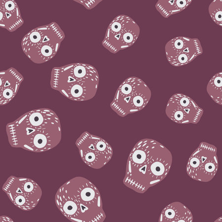 Seamless random pattern with halloween scary skull print. Purple colored mexican holiday print. Stock illustration. Vector design for textile, fabric, giftwrap, wallpapers.のイラスト素材